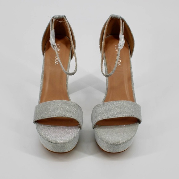 Top Moda Open Toe Platform Ankle Strap High Heels Size 6.5 in Silver Glitter NEW - Picture 2 of 8